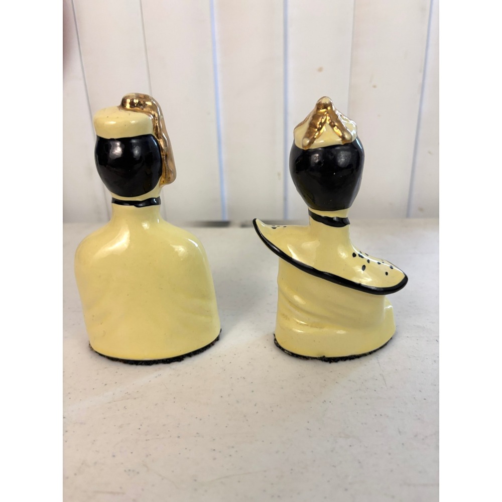 Vintage 1950s Asian Man Woman Ceramic Figurines Pair Yellow Black Gold MCM - Picture 2 of 9